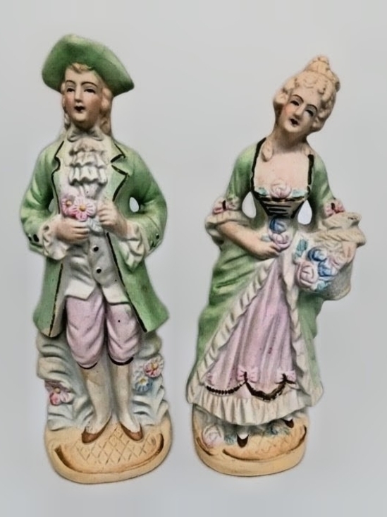 Occupied Japan Other - Hand-Painted Ceramic Courtship Couple Figurines in Green and Pink